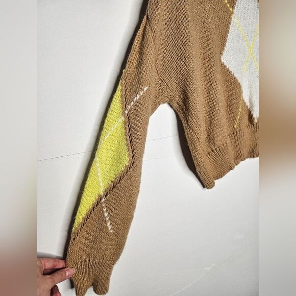 Stradivarious Preppy Argyle Drop Shoulder Crewneck Sweater Semi Cropped Size M - Picture 6 of 7